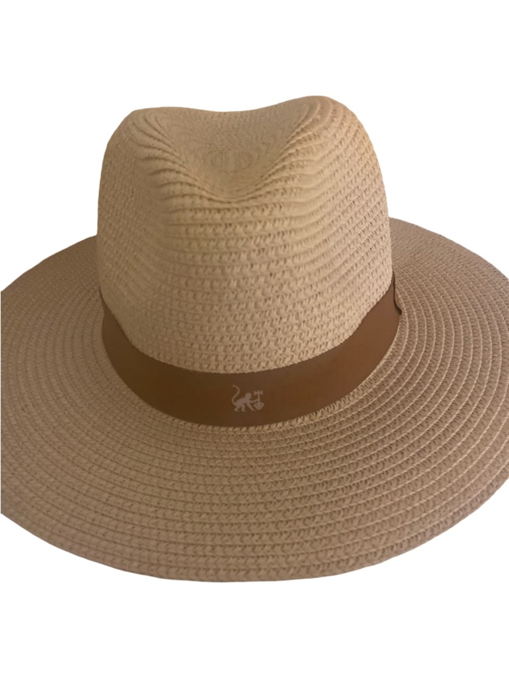 Wide-Brim Straw Fedora with Leather Band and Subtle Monkey - OSFM new